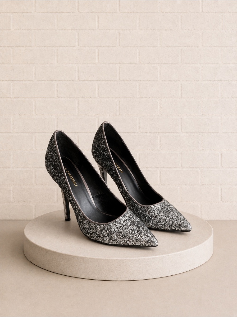le chateau Black & Silver Glitter Pointed-Toe Stilettos